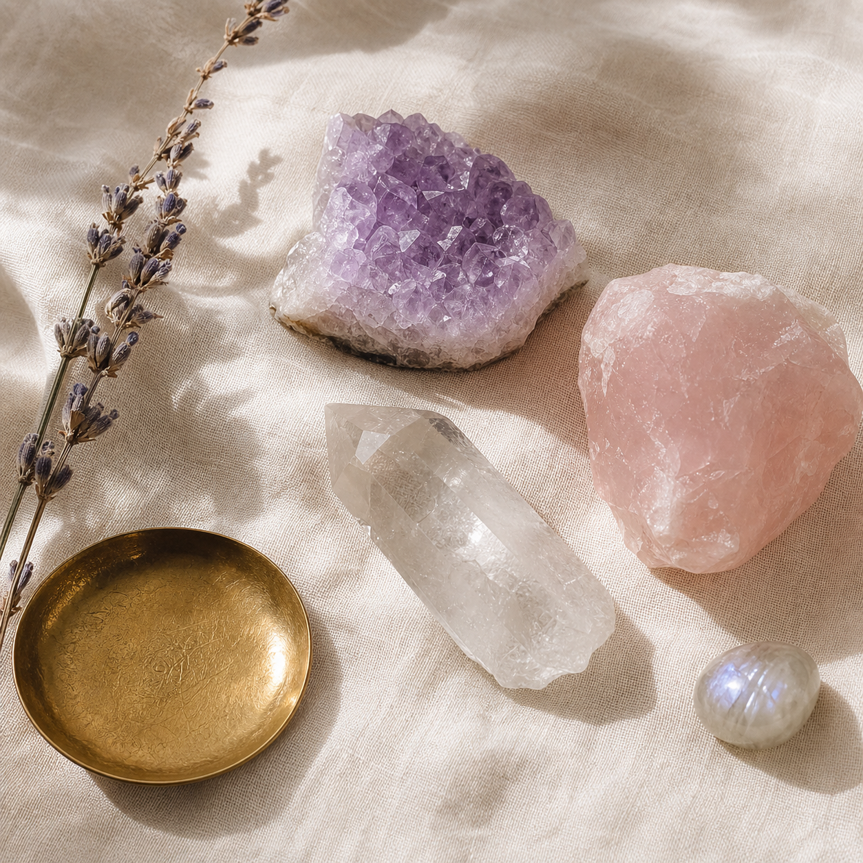 Amethyst, rose quartz, clear quartz and moonstone arranged on natural linen