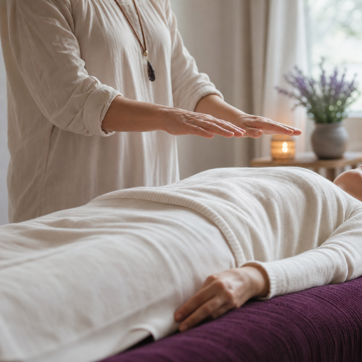 Gentle energy healing with hands held above a fully clothed client
