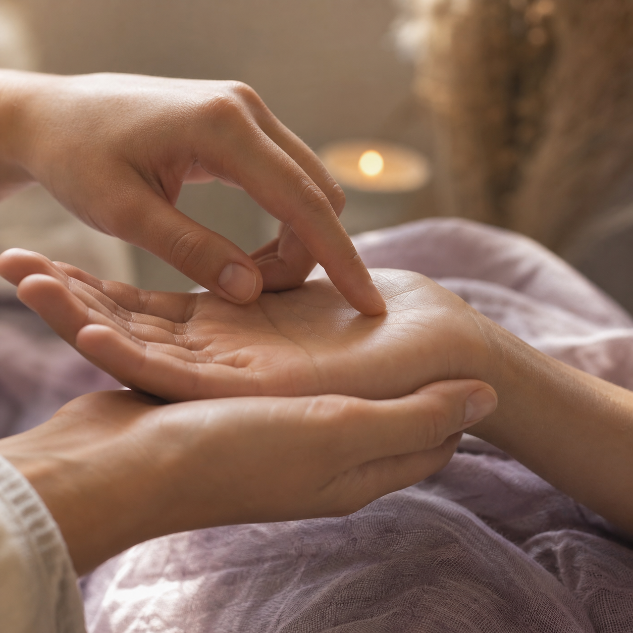 A relaxed palm being gently read in warm natural light
